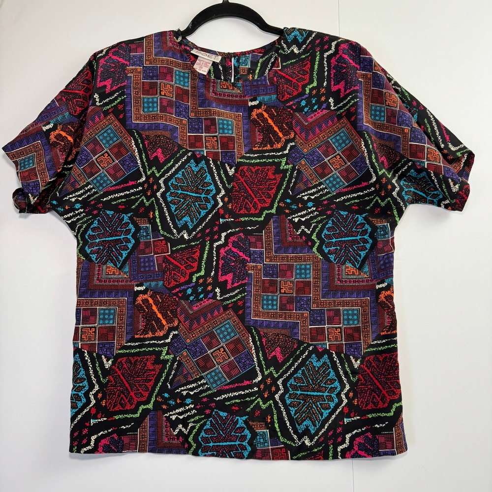 Vintage Poet Women Multi Color Geometric Abstract Print Short Sleeve Blouse M